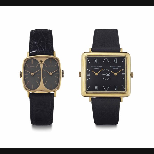 Bueche-Girod and Baume & Mercier. A lot of Two 18k Gold Dual-Time Wristwatches THE FIRST SIGNED BUECHE-GIROD, BIENNE, NO. YG6733, NO. 101968, CIRCA 1970. THE SECOND SIGNED BAUME & MERCIER, GENÈVE, NO. 608215, NO. 32000, CIRCA 1975