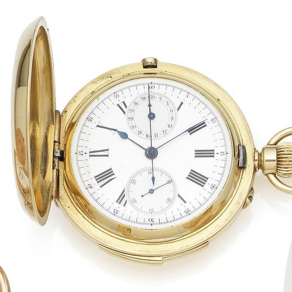 An 18K gold keyless wind minute repeating chronograph full hunter pocket watch Case No.62643, London Import mark for 1892