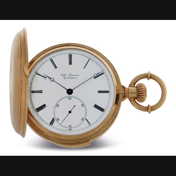 JULES JÜRGENSEN. AN 18K GOLD HUNTER CASE MINUTE REPEATING KEYLESS LEVER POCKET WATCH WITH PATENTED BOW SETTING SIGNED JULES JÜRGENSEN, NO. 12905, CIRCA 1880