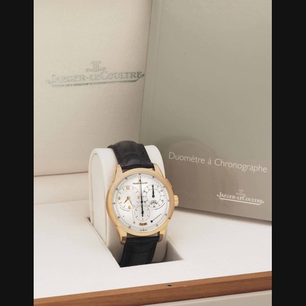 Jaeger-Lecoultre Jaeger-LeCoultre. A Fine 18k Pink Gold Single-Button Chronograph Wristwatch with Unusual Dual Power Reserve and Jumping Seconds SIGNED JAEGER-LECOULTRE, DUOMÈTRE À CHRONOGRAPHE REF. 600.2.28.S, CASE NO. 2'460'733, CIRCA 2011