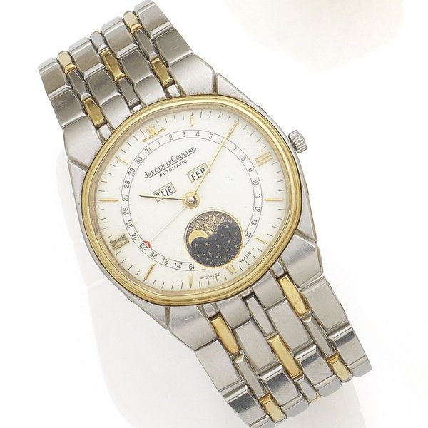 Jaeger-LeCoultre. A stainless steel and gold automatic calendar bracelet watch with moon phase Albatross, Ref:145.202.5, Case No.1621328, Movement No.2376732, Circa 1980