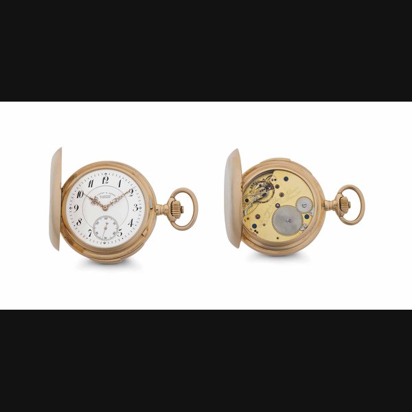A. Lange & Söhne. An 18k Pink Gold Hunter Case Minute Repeating Keyless Lever Pocket Watch SIGNED A. LANGE & SÖHNE, GLASHÜTTE BESDEN, MOVEMENT AND CASE NO. 45'410, CIRCA 1901