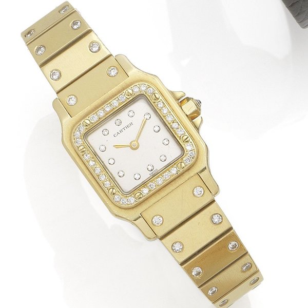 Cartier. An 18K gold and diamond set automatic bracelet watch Santos, Case No.8090104592, Circa 1990