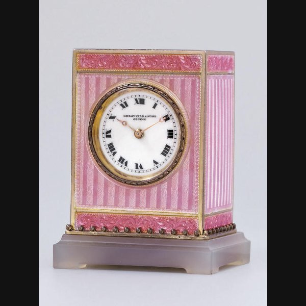  A Swiss sub-miniature silver-gilt, enamel and agate eight day travel timepiece JTC, RETAILED BY GOLAY FILS & STAHL, GENEVA. CIRCA 1920