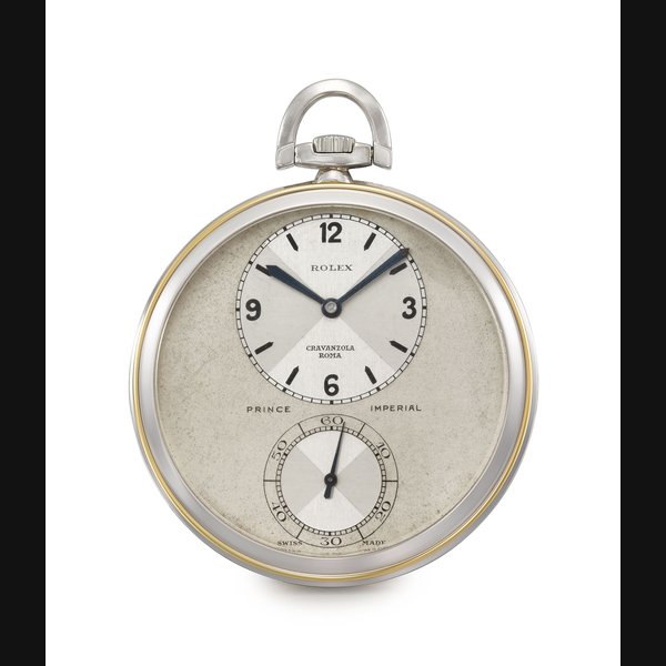 Rolex. A fine and very rare two-colour 18K white and yellow gold openface keyless lever dress watch with "observatory" movement, three-tone silvered dial, 18K two-colour gold chain Signed Rolex, Prince Imperial, retailed by Cravanzola Roma, movement no. 1'000'485', case no. 1'003'244, case stamped with Glasgow marks for 1930-1931