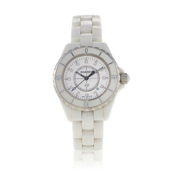 Chanel J12  White ceramic wristwatch and diamond-set wristwatch with date and bracelet  Circa 2018