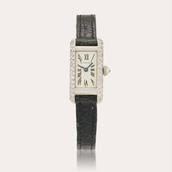 Cartier, Paris Mini Tank Allongée | A white gold and diamond-set wristwatch with Paris dial, Circa 1975