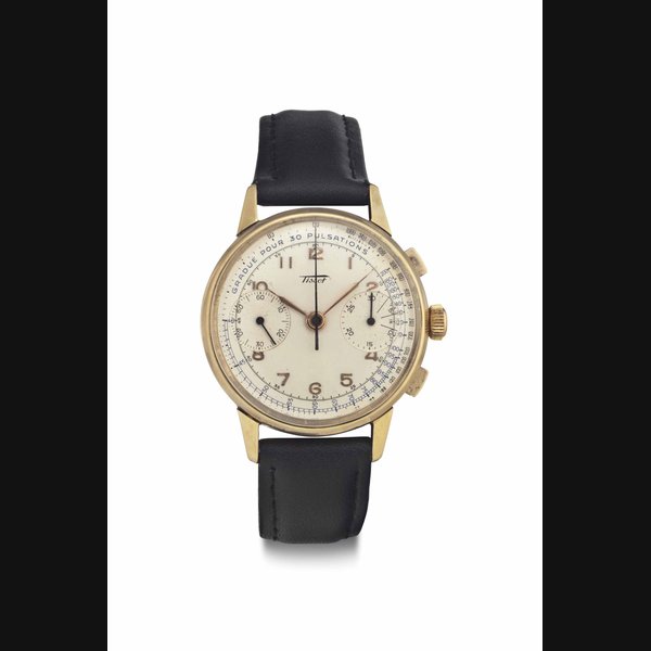 Tissot. An 18k Gold Chronograph Wristwatch with Pulsometer Scale SIGNED TISSOT, NO. 35502, MOVEMENT NO. 1'513'655, CASE NO. 1'531'163, CIRCA 1945