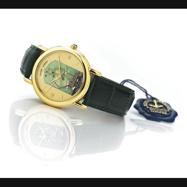 ULYSSE NARDIN. A FINE LIMITED EDITION 18K GOLD AUTOMATIC WRISTWATCH WITH CENTER SECONDS AND CLOISONNÉ ENAMEL DIAL SIGNED ULYSSE NARDIN, "SAN MARCO, HMS VICTORY", NO. 09/25, CASE NO. 6844, REF. 131-77-9, CIRCA 1994