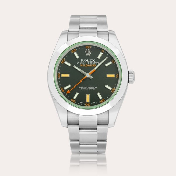 Rolex Milgauss, Reference 116400GV | A stainless steel antimagnetic wristwatch with green sapphire crystal and bracelet, Circa 2015 | 勞力士 | Milgauss 型號116400GV | 精鋼防磁鏈帶腕錶，備綠色藍寶石水晶玻璃，約2015年製 · 116400GV