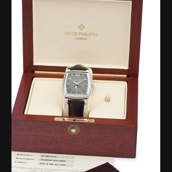 Patek Philippe Patek Philippe. An 18k White Gold Automatic Annual Calendar Wristwatch With Moon Phases SIGNED PATEK PHILIPPE, GENÈVE, REF. 5135, MOVEMENT NO. 3'423'697, CASE NO. 4'313'088, MANUFACTURED IN 2005, Price & Market Data