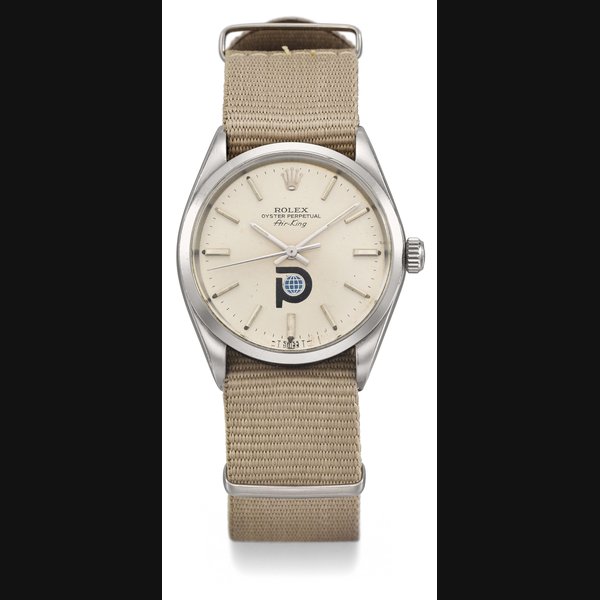 ROLEX. A RARE STAINLESS STEEL AUTOMATIC WRISTWATCH WITH SWEEP CENTRE SECONDS AND SILVERED DIAL WITH POOL-INTAIRDRIL EMBLEM SIGNED ROLEX, OYSTER PERPETUAL, AIR-KING, REF. 5500, CASE NO. 1’914’348, CIRCA 1968