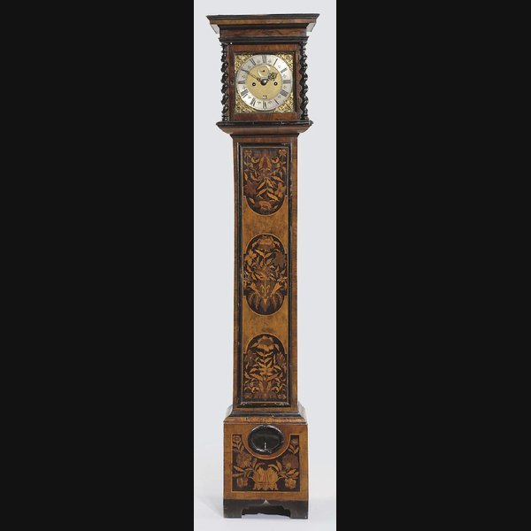 A Charles Ii Walnut A Charles II walnut, ebonised and floral marquetry month-going longcase clock with case for 1¼ seconds pendulum RICHARD JARRATT, LONDON. CIRCA 1685