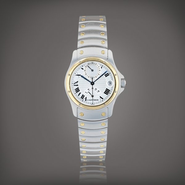 Cartier Santos ronde, référence W20038R3    Montre bracelet à double fuseau horaire en or jaune et acier avec indication de réserve de marche et date |  Yellow gold and stainless steel dual time zone wristwatch with power reserve indication, date and bracelet    Vers 1997 |  Circa 1997