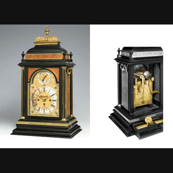 A fine George II ebony and brass-mounted musical large table clock with calendar and quarter repeat SIMON DECHARMS, LONDON. CIRCA 1725