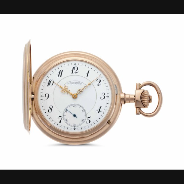  A. Lange & Söhne. An 18k Pink Gold Hunter Case Keyless Lever Pocket Watch SIGNED A. LANGE & SÖHNE, DEUTSCHE UHRENFABRIKATION, GLASHÜTTE, SA , MOVEMENT AND CASE NO. 70'648, CIRCA 1940, Price & Market Data