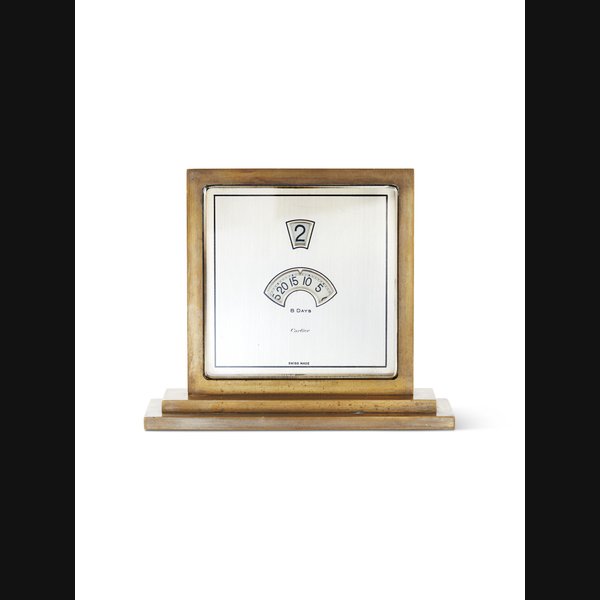 CORCORD WATCH CO. FOR CARTIER, HIGHLY RARE GILDED-BRASS JUMPING HOUR DESK CLOCK WITH 8-DAY POWER RESERVE