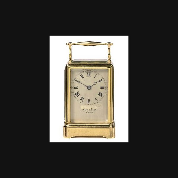A French brass striking eight day carriage clock with duplex escapement MEYER & SCHATZ, PARIS. CIRCA 1840