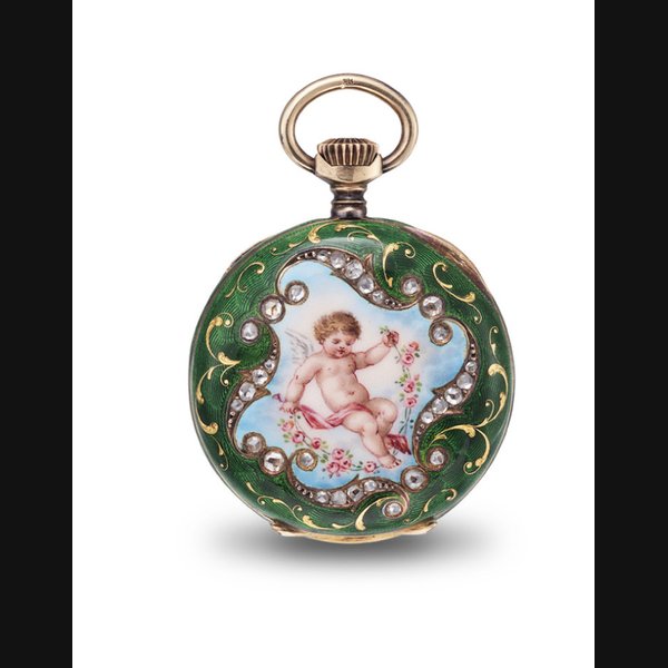 SWISS. AN 18K GOLD, ENAMEL AND DIAMOND-SET OPENFACE KEYLESS LEVER PENDANT WATCH UNSIGNED, NO. 16'438, CIRCA 1900