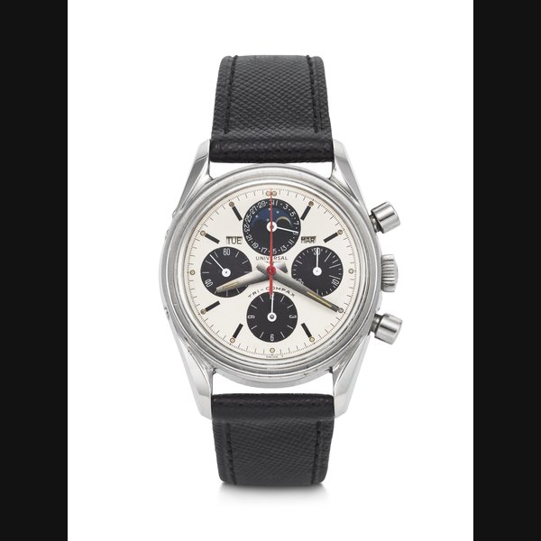 UNIVERSAL GENEVE. A VERY RARE AND HIGHLY ATTRACTIVE STAINLESS STEEL TRIPLE CALENDAR CHRONOGRAPH WRISTWATCH WITH MOON PHASES TRI-COMPAX 'ERIC CLAPTON' MODEL, REF. 881101⁄1, CIRCA 1970