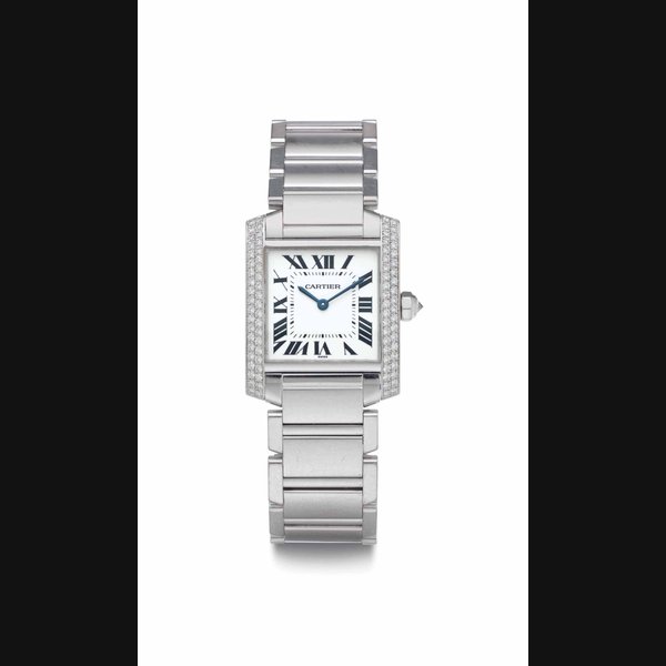 Cartier. A Lady's 18k White Gold and Diamond-Set Wristwatch with Bracelet SIGNED CARTIER, TANK FRANCAISE MODEL, REF. 2404, CASE NO. 312384MG, CIRCA 1999