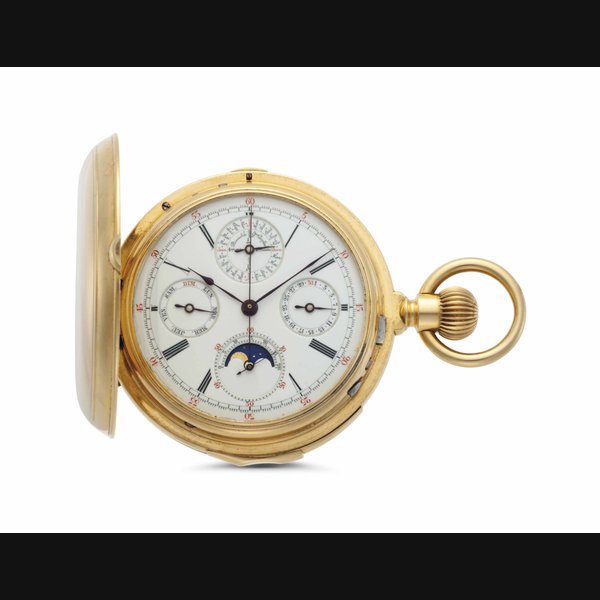 Swiss. An 18k Gold Hunter Case Minute Repeating Perpetual Calendar Keyless Lever Chronograph Watch with Moon Phases UNSIGNED, CASE NO. 2658, CUVETTE SIGNED AUGUSTE RICHARD, NEW YORK