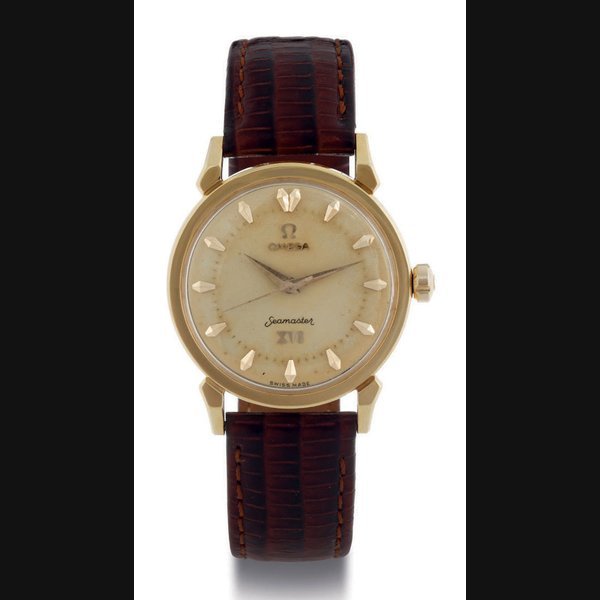 Omega OMEGA. AN 18K GOLD AUTOMATIC WRISTWATCH WITH CENTER SECONDS SIGNED OMEGA, SEAMASTER XVI, MOVEMENT NO. 14730592, CASE NO. 11425082, REF. 2850SC, MANUFACTURED IN 1956 FOR THE 16TH OLYMPIC GAMES HELD IN MELBOURNE