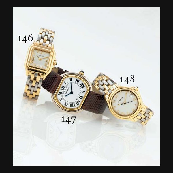 CARTIER. A LADY'S 18K GOLD WRISTWATCH WITH CENTER SECONDS, DATE AND STAINLESS STEEL AND GOLD BRACELET SIGNED CARTIER, "PANTHERE", CIRCA 1990