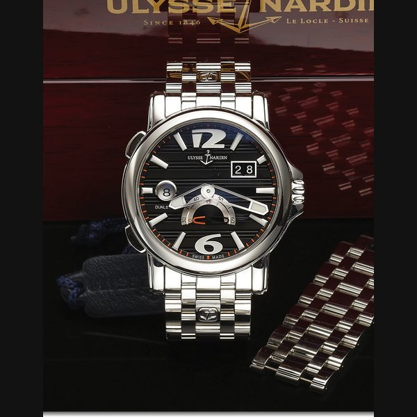 Ulysse Nardin ULYSSE NARDIN REF. 243-55 DUAL TIME STEEL Ulysse Nardin, Dual Time, No. 10039, Ref. 243-55. Made in 2012. Fine, water-resistant, self-winding, two time zone, stainless steel wristwatch with large date and a stainless steel Ulysse Nardin link bracelet with double deployant clasp. Accompanied by the original fitted box, hang tag, 5 extra links and booklet. | Important Modern & Vintage Timepieces | Hong Kong, 28th June 2014 · 243-55