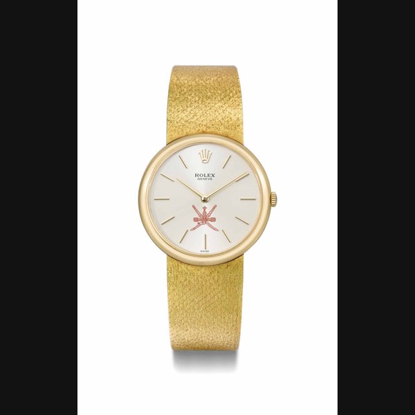 Rolex. An 18K gold bracelet watch made for the Sultanate of Oman SIGNED ROLEX, GENÈVE, CELLINI MODEL, REF. 3844, CASE NO. 2'756'804, CIRCA 1970