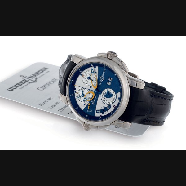 ULYSSE NARDIN. AN UNUSUAL LARGE 18K WHITE GOLD AUTOMATIC DUAL TIME WRISTWATCH WITH DATE, CENTER SECONDS, COUNTDOWN INDICATOR AND MUSICAL ALARM SIGNED ULYSSE NARDIN, SONATA CATHEDRAL DUAL TIME, NO. 047, REF. 660-88, CIRCA 2005