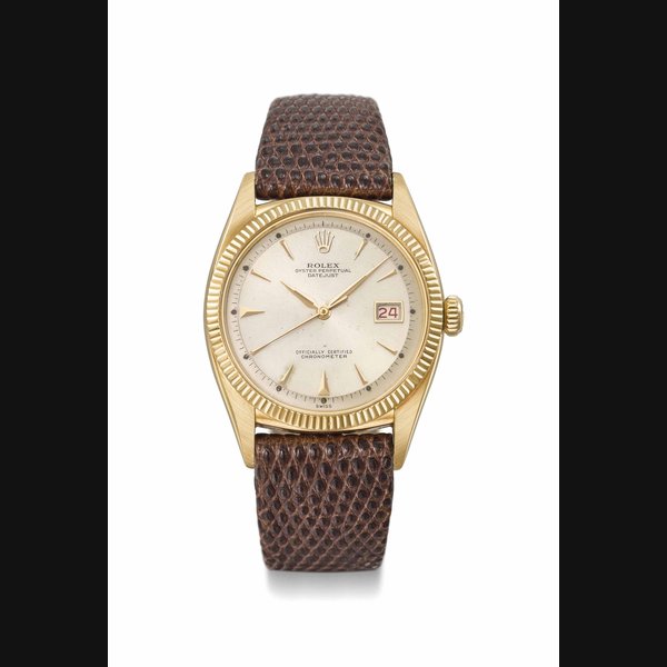 ROLEX. A RARE 18K GOLD AUTOMATIC WRISTWATCH WITH SWEEP CENTRE SECONDS AND ALTERNATE RED AND BLACK DATE SIGNED ROLEX, OYSTER PERPETUAL, DATEJUST, REF. 6305-1, CASE NO. 998’433, CIRCA 1953