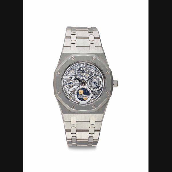Audemars Piguet Audemars Piguet. A Fine, Rare and Attractive Stainless Steel Automatic Skeletonized Perpetual Calendar Wristwatch Moon Phases and Bracelet Signed Audemars Piguet, Royal Oak, Quantieme Perpetual Automatique, No. 0975, Case No. G 13106, Circa 2011