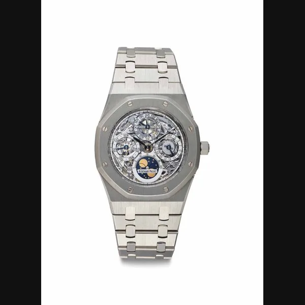 Audemars Piguet. A Fine, Rare and Attractive Stainless Steel Automatic Skeletonized Perpetual Calendar Wristwatch Moon Phases and Bracelet Signed Audemars Piguet, Royal Oak, Quantieme Perpetual Automatique, No. 0975, Case No. G 13106, Circa 2011