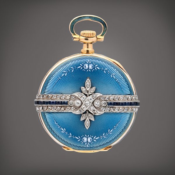 Patek Philippe A yellow gold, enamel and diamond and sapphire-set open-faced keyless watch | Circa 1900