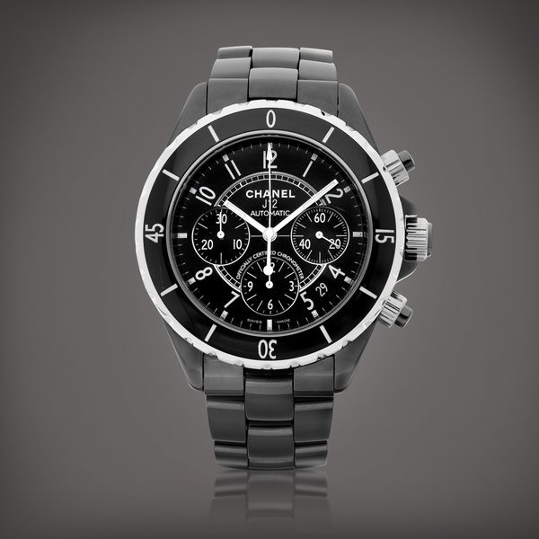 Chanel J12 | A black ceramic and stainless steel chronograph wristwatch with date and bracelet, Circa 2008 | 香奈兒 | J12 | 黑色陶瓷及精鋼計時鏈帶腕錶，備日期顯示，約2008年製