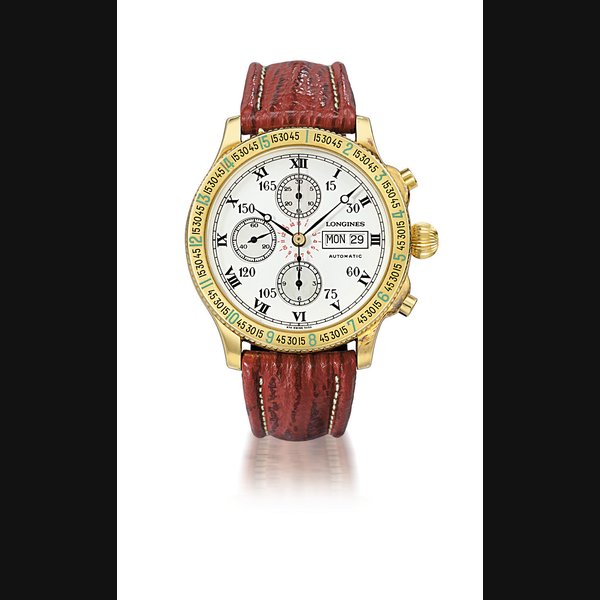 LONGINES, HOUR ANGLE WATCH, DESIGNED BY COL. CHARLES A. LINDBERGH REF.674-5232 YELLOW GOLD AUTOMATIC HOUR ANGLE PILOT'S CHRONOGRAPH WRISTWATCH WITH DAY, DATE, WHITE ENAMEL AND MOTHER-OF-PEARL DIAL MANUFACTURED IN 1988