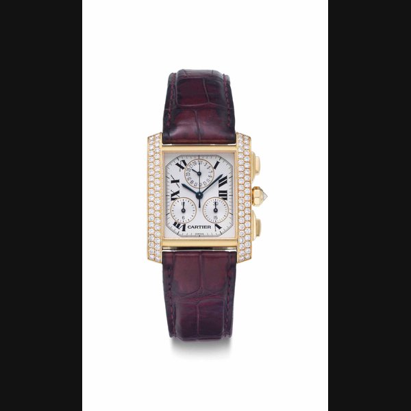 Cartier. An 18k Gold and Diamond-Set Rectangular Chronograph Wristwatch with Date SIGNED CARTIER, TANK FRANCAISE CHRONOGRAPHE MODEL, REF. 1830, CASE NO. MG320896, CIRCA 2000