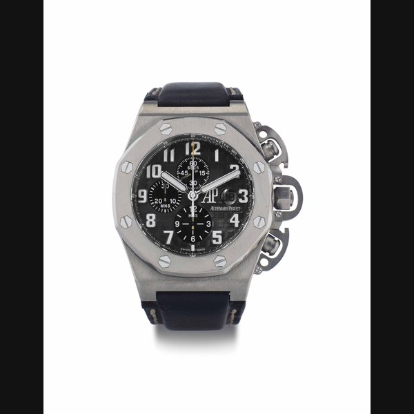 Audemars Piguet. An Oversized Titanium Limited Edition Automatic Chronograph Wristwatch with Date SIGNED AUDEMARS PIGUET, ROYAL OAK OFFSHORE, LIMITED EDITION, T3, REF. 25863TI, MOVEMENT NO. 566'219, CASE NO. F037'27, MANUFACTURED IN 2003