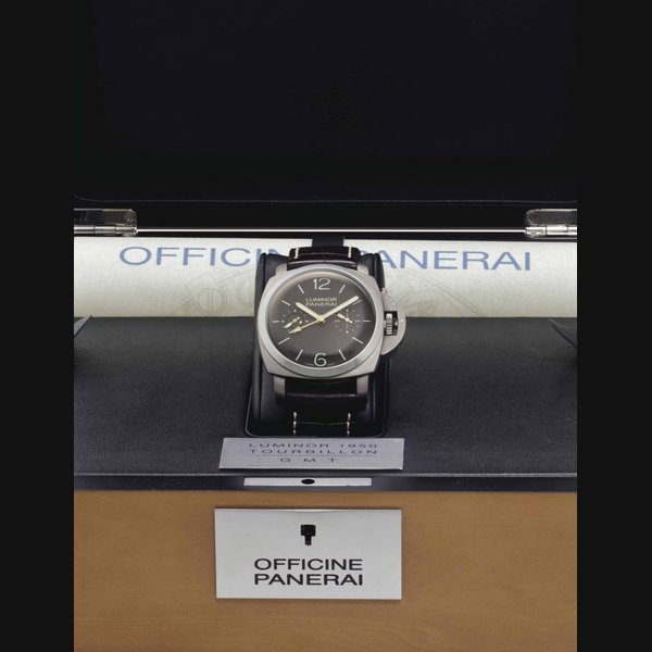 Panerai. A Very Rare Titanium Limited Edition Triple Barrel Dual Time Wristwatch with Night and Day Indication, Power Reserve and Perpendicular Rotating Tourbillon SIGNED PANERAI, LUMINOR 1950, TITANIUM, TOURBILLON GMT MODEL, NO. KO14/150, OP 6737, PAM00306, CASE NO. BB 1'320'513, CIRCA 2008