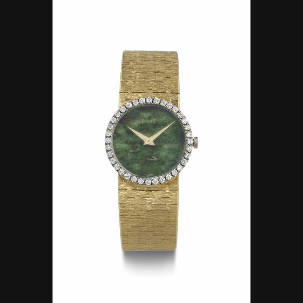 Piaget. A Lady's Fine 18k Gold and Diamond-Set Bracelet Watch with Nephrite Jade Dial SIGNED PIAGET, MOVEMENT NO. 671'983, REF. NO. 9706 A 6, CASE NO. 133372, MANUFACTURED IN 1967
