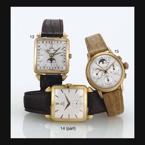 OMEGA. AN 18K PINK GOLD SQUARE TRIPLE CALENDAR WRISTWATCH WITH MOON PHASES SIGNED OMEGA, MOVEMENT NO. 12593573, CASE NO. 11032623, REF. 3944, CIRCA 1950