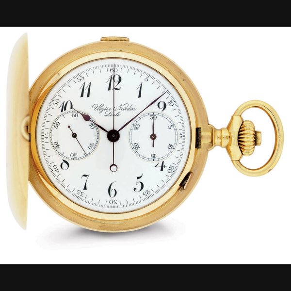 ULYSSE NARDIN. AN 18K GOLD KEYLESS LEVER HUNTER CASE CHRONOGRAPH POCKET WATCH SIGNED ULYSSE NARDIN, LOCLE, CHRONOMETER, MOVEMENT NO. 14647, CASE NO. B3973, CIRCA 1890