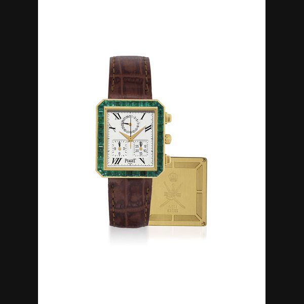 Piaget PIAGET. AN 18K GOLD AND EMERALD-SET RECTANGULAR CHRONOGRAPH WRISTWATCH WITH DATE SIGNED PIAGET, REF. 14254, CASE NO. 838'505, CIRCA 1995, Price & Market Data