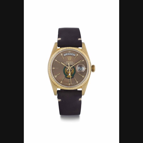 Rolex. A Fine 18k Gold Automatic Wristwatch with Day, Date, and Coat of Arms of the United Arab Emirates SIGNED ROLEX, OYSTER PERPETUAL, DAY-DATE MODEL, REF. 18038, CASE NO. 7'611'122, CIRCA 1982