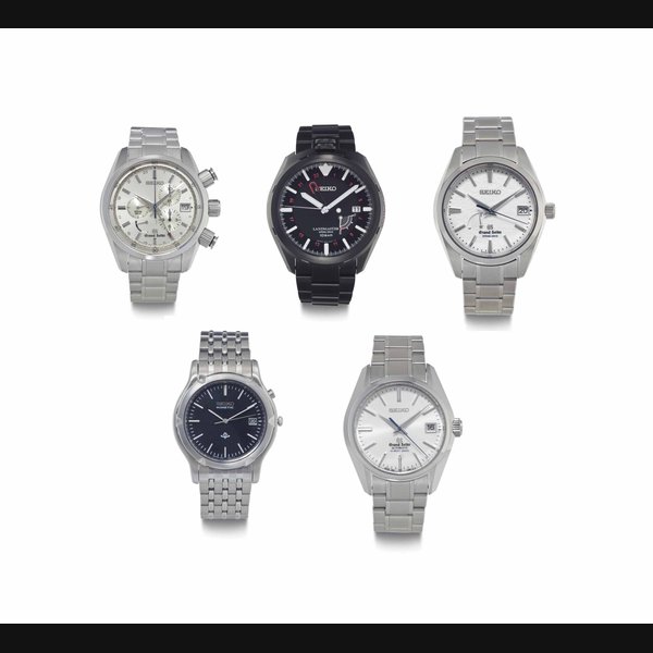 Seiko. A Lot of Three Stainless Steel and Two Titanium Wristwatches with Bracelets ALL SIGNED SEIKO, THE FIRST GRAND SEIKO MODEL, NO. 240'038, THE SECOND LANDMASTER SPRING DRIVE, MIURA EVEREST 2013 LIMITED EDITION, NO. 154/300, THE THIRD GRAND SEIKO SPRING DRIVE MODEL, NO. 200'039, THE FOURTH KINETIC MODEL, NO. 418'593, THE FIFTH GRAND SEIKO HI-BEAT 36000 MODEL, NO. 240'004, ALL CIRCA 2010
