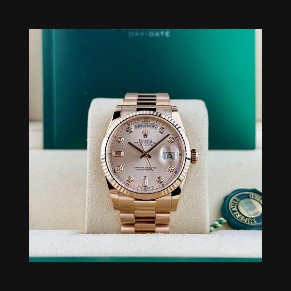 Rolex Rolex Day-Date36 Sundust Rose Pink Diamond Fluted President Preowned W&B 118235