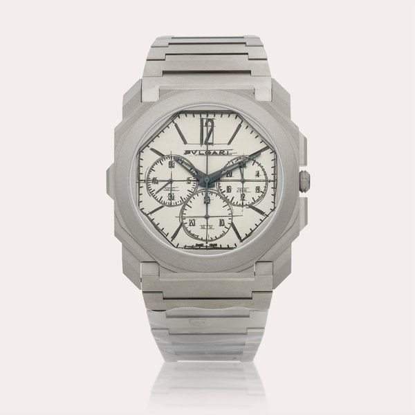 Bulgari Octo Finissimo Chronograph GMT 'Design Edition', Reference 103673 | A limited edition titanium dual time chronograph wristwatch with bracelet, Circa 2022 | 寶格麗 | Octo Finissimo Chronograph GMT 'Design Edition' 型號103673 | 限量版鈦金屬兩地時間計時鏈帶腕錶，約2022年製 · 103673