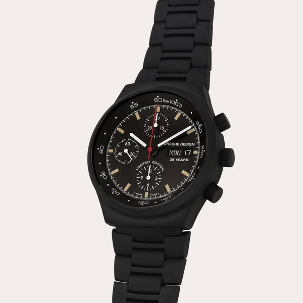 Porsche Design | Eterna Chronograph PO11 “25 Anniversary”, Reference 6625.11 | A black PVD-coated stainless steel chronograph wristwatch with day and date | Circa 1998 · 6625.11
