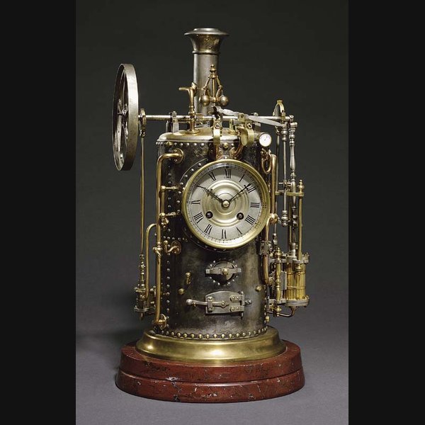 Vertical Steam Boiler A rare French brass, silvered brass and red marble eight day striking clock with automaton flywheel, piston and governor CIRCA 1890